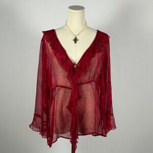 Separates New York City Design Co. Red Floral Silk Ruffle Sheer Blouse Top XL